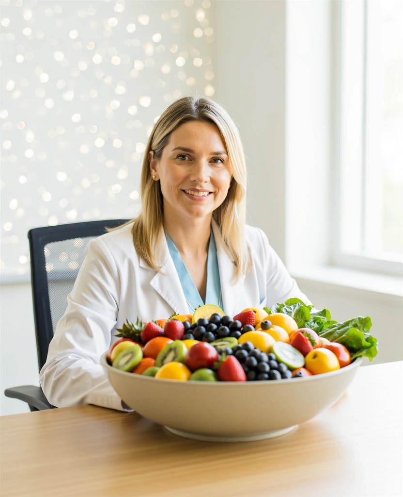 Nutritionist la birou cu fructe proaspete