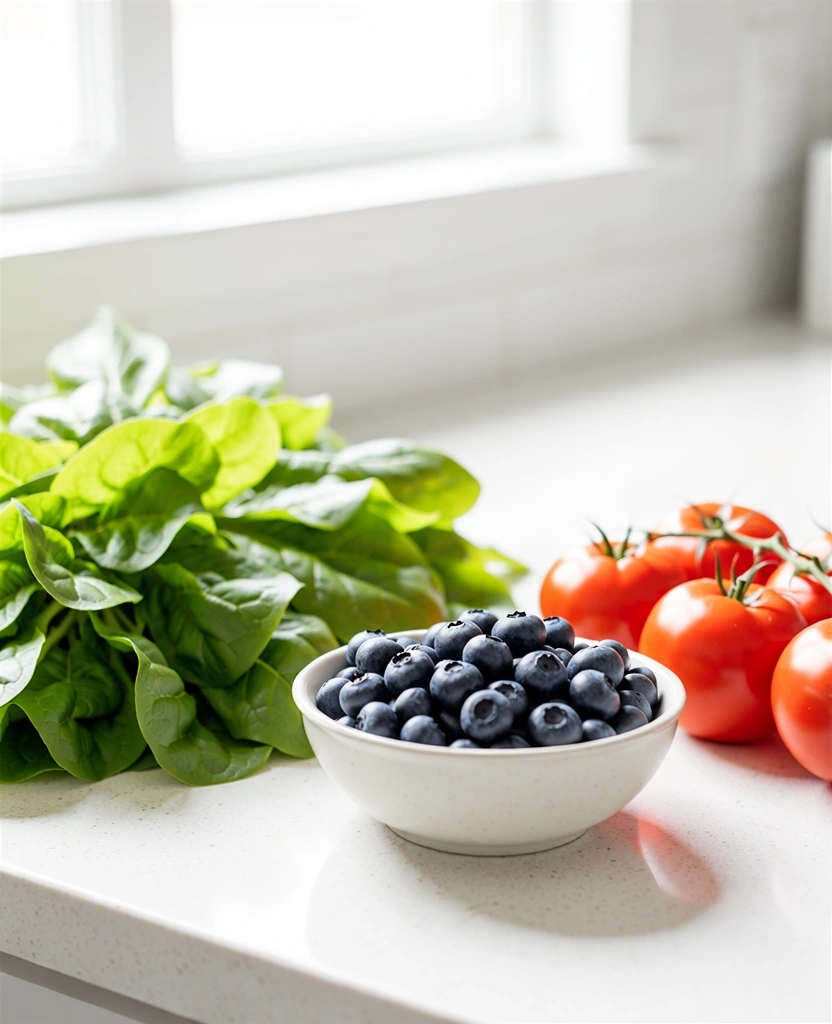 Legume proaspete și fructe pe blatul unei bucătării